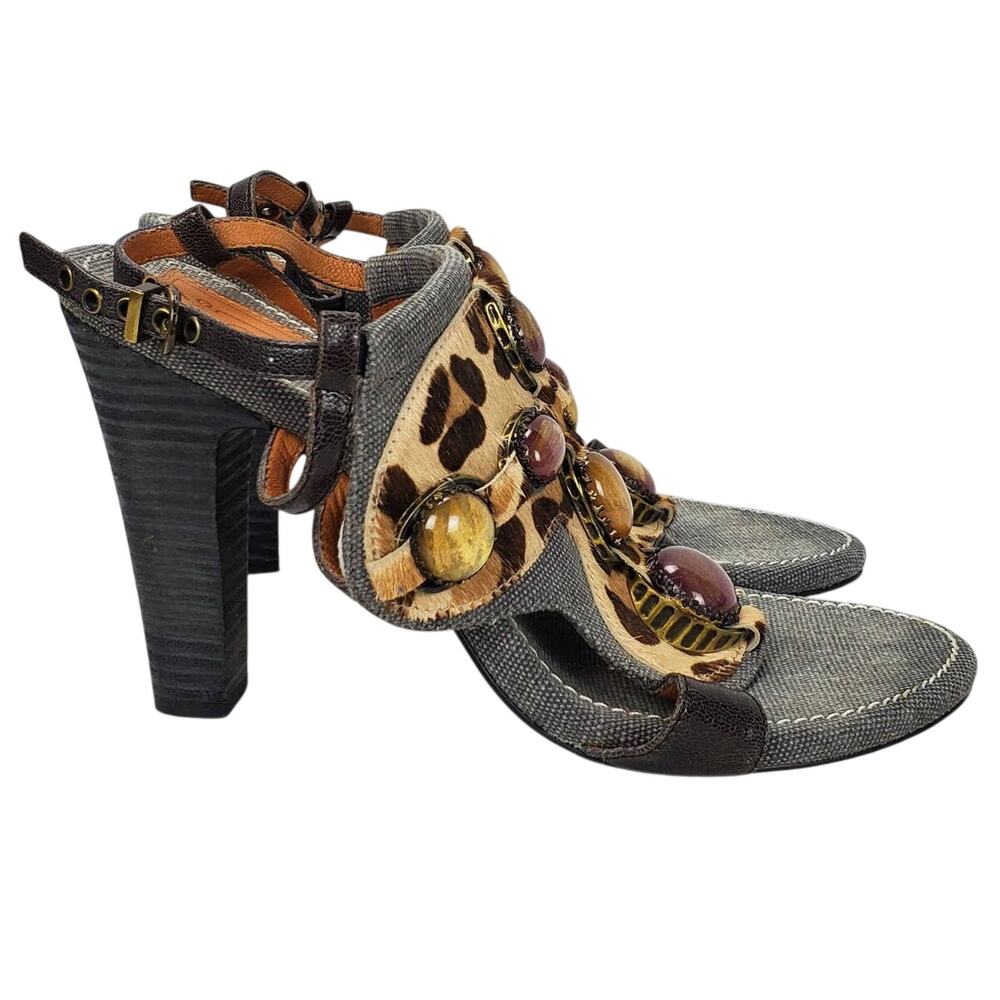 Bacio 61 Italian Leather Sling Back Sandals Size 9 Jewel Top Leopard Stack Heel - Picture 2 of 11